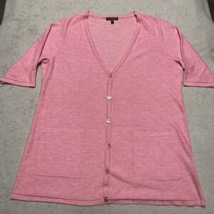 Eileen Fisher Cardigan Sweater Large Petite Pink Short Sleeve Knit Luxury Pocket